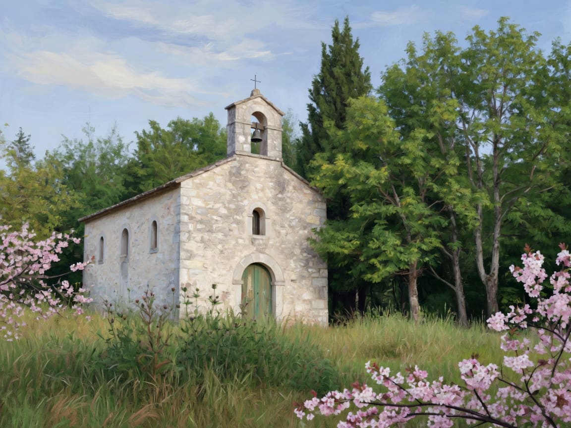 Ilustración de una ermita de piedra entre árboles, no es una fotografía de la iglesia