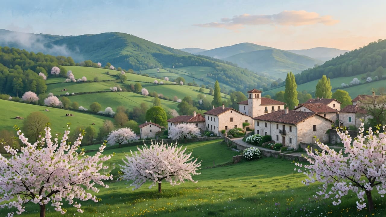 Ilustración de valle cantábrico con cerezos