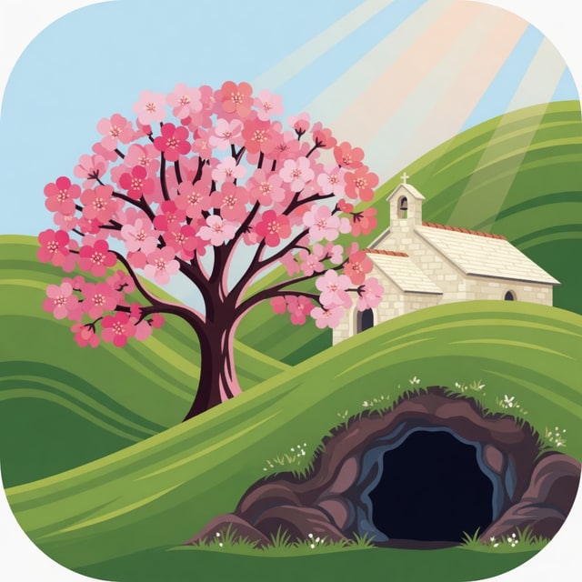Cerezo en flor, ermita y cueva de Escobedo de Camargo